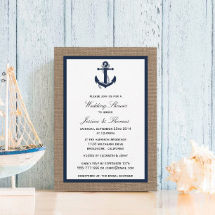 Navy Blue Anchor on Burlap Nautical Wedding Shower Kaart