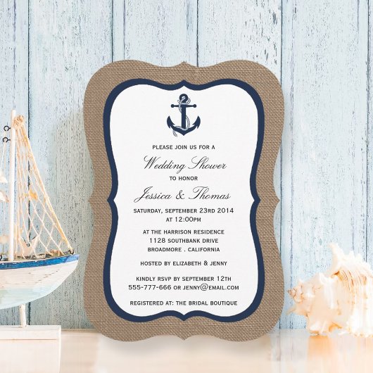 Navy Blue Anchor on Burlap Nautical Wedding Shower Kaart
