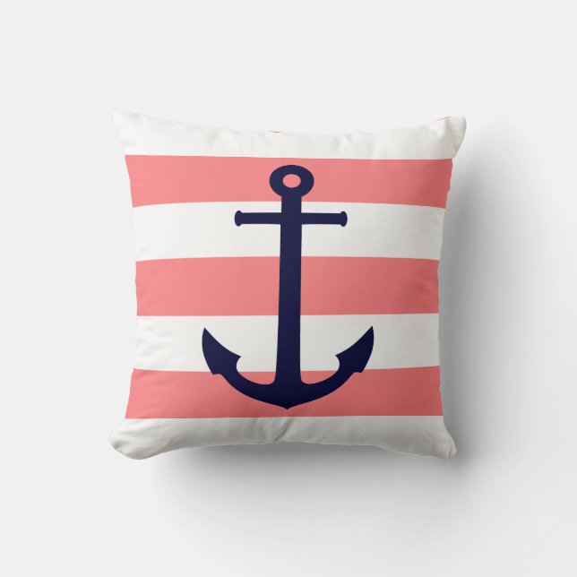 Navy Blue Anchor op Flamingo Pink Stripes Kussen (Voorkant)