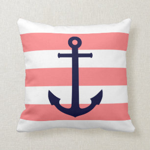 Navy Blue Anchor op Flamingo Pink Stripes Kussen