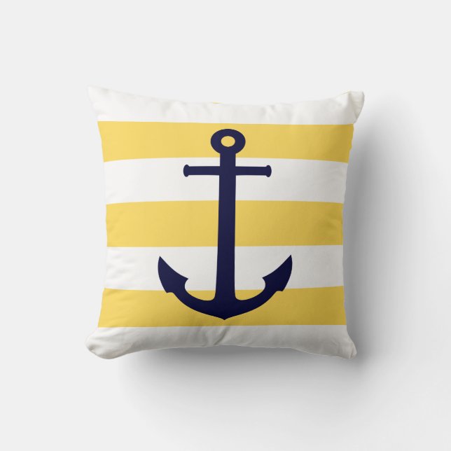 Navy Blue Anchor op gele en witte strepen Kussen (Voorkant)