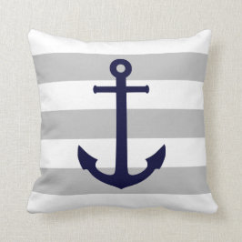 Navy Blue Anchor op grijze en witte strepen Kussen