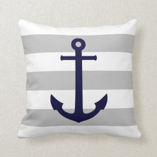 Navy Blue Anchor op grijze en witte strepen Kussen