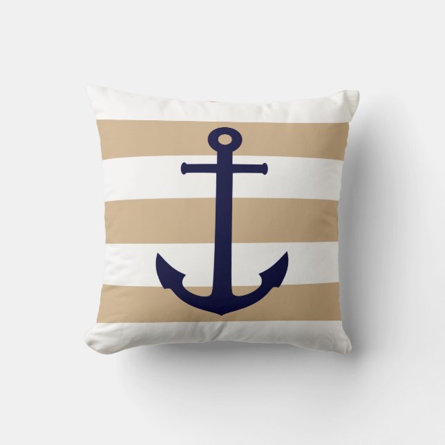 Navy Blue Anchor op Tan en White Stripes Kussen (Voorkant)