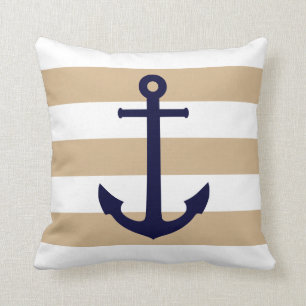 Navy Blue Anchor op Tan en White Stripes Kussen