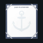 Navy Blue Anchor & Rope Nautical Jouw namen toevoe Notitieblok<br><div class="desc">Nautisch notitieblok met marineblauwe randen,  witte touwdetails,  een bleek anker en jouw naam. Noteer notities en dingen om te onthouden in dit notitieblok met ankerthema met nautische kleuren en gepersonaliseerd met jouw naam. Een notitieblok voor de kapitein in je leven met touw,  een anker en hun naam in marineblauw.</div>
