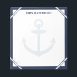 Navy Blue Anchor & Rope Nautical Jouw namen toevoe Notitieblok<br><div class="desc">Nautisch notitieblok met marineblauwe randen,  witte touwdetails,  een bleek anker en jouw naam. Noteer notities en dingen om te onthouden in dit notitieblok met ankerthema met nautische kleuren en gepersonaliseerd met jouw naam. Een notitieblok voor de kapitein in je leven met touw,  een anker en hun naam in marineblauw.</div>