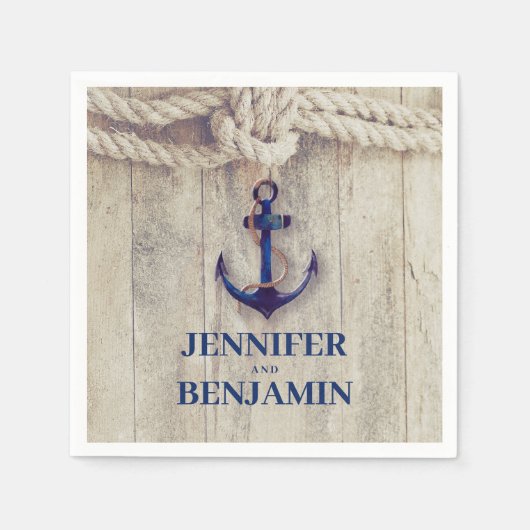 Navy Blue Anchor Rustic Driftwood Nautische bruilo Servet (Voorkant)