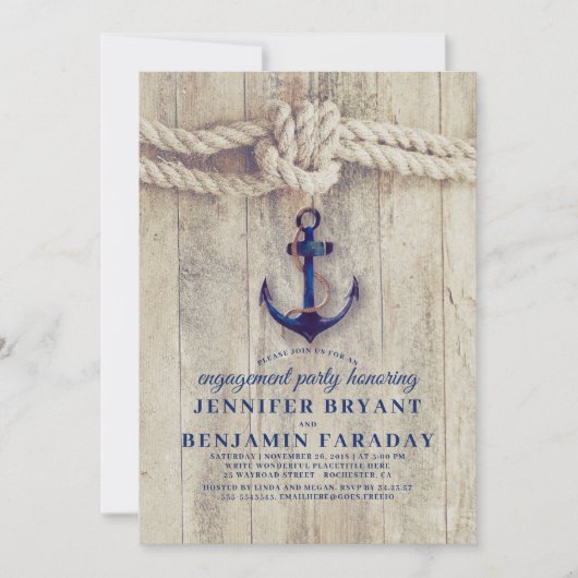 Navy Blue Anchor Rustic Nautical Engagement Party Kaart (Voorkant)