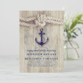 Navy Blue Anchor Rustic Nautical Engagement Party Kaart (Staand voorkant)