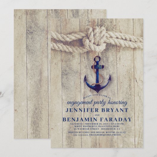 Navy Blue Anchor Rustic Nautical Engagement Party Kaart (Voorkant / Achterkant)