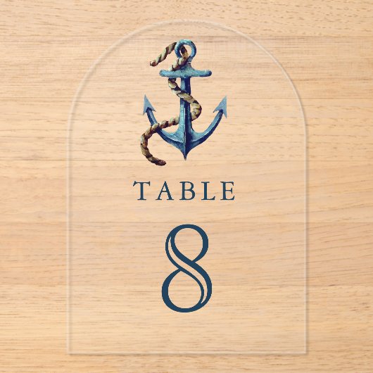 Navy Blue Anchor Wedding Acrylic Table Number Acryl Uitnodigingen (Voorkant)