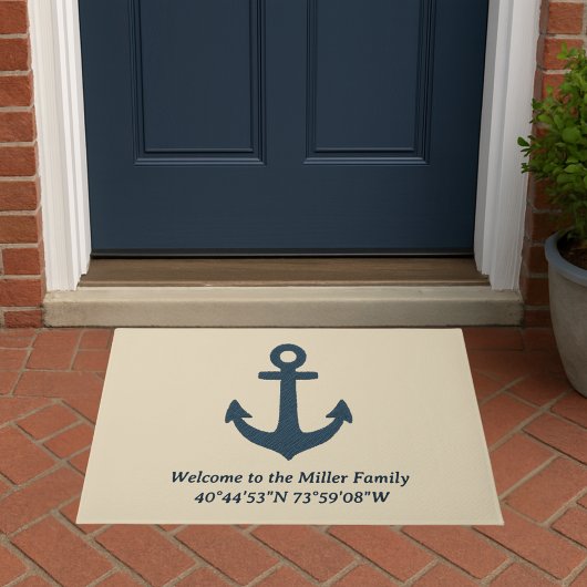 navy blue Anchor with Family Name and Coordinates Deurmat