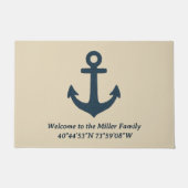 navy blue Anchor with Family Name and Coordinates Deurmat (Voorkant)