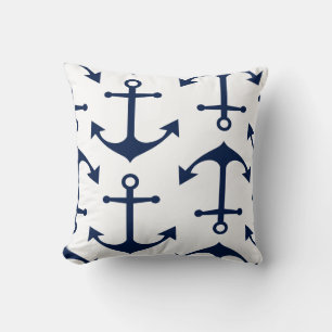 Navy Blue Anchors op wit - Tijdloos Nautisch Kussen