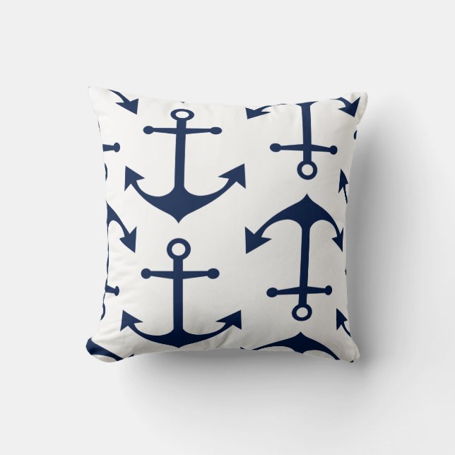 Navy Blue Anchors op wit - Tijdloos Nautisch Kussen (Voorkant)