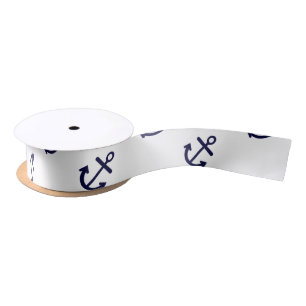 Navy Blue Anchors White Background Pattern Satijnen Lint