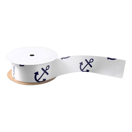 Navy Blue Anchors White Background Pattern Satijnen Lint (Spoel)