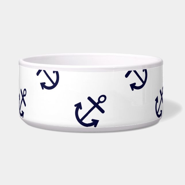 Navy Blue Anchors White Background Pattern Voerbakje (Voorkant)