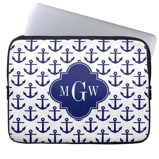 Navy Blue Anchors Wht BG, Navy 3 Initiaal Monogram Laptop Sleeve (Voorkant)