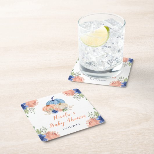 Navy Blue and Blush Floral Pumpkins Baby Shower Kartonnen Onderzetters (Insitu)