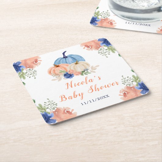 Navy Blue and Blush Floral Pumpkins Baby Shower Kartonnen Onderzetters (Schuin)