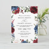 Navy Blue and Burgundy Blush QR Code Wedding  Kaart (Staand voorkant)