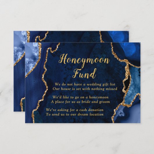 Navy Blue and Gold Agate Honeymoon Fund Informatiekaartje (Voorkant / Achterkant)