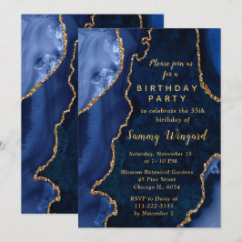 Navy Blue and Gold Agate Marble Birthday Party Kaart