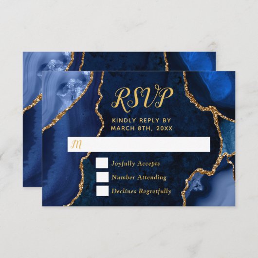 Navy Blue and Gold Agate Marble RSVP Kaartje (Voorkant / Achterkant)