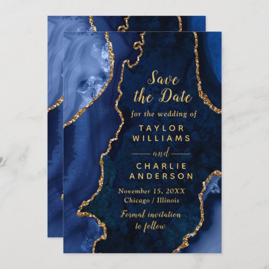 Navy Blue and Gold Agate Marble Save The Date Kaart (Voorkant / Achterkant)