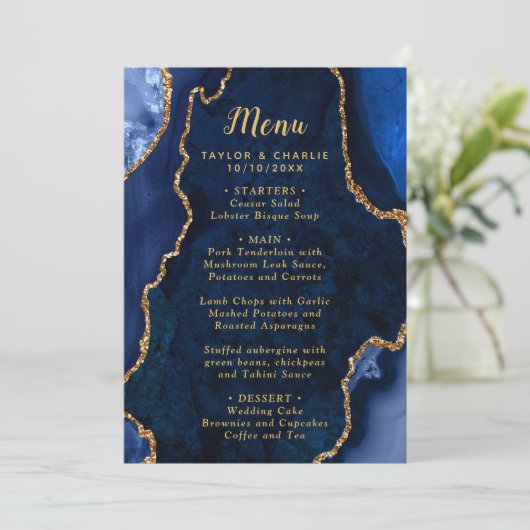 Navy Blue and Gold Agate Marble Wedding Menu (Staand voorkant)