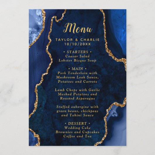 Navy Blue and Gold Agate Marble Wedding Menu (Voorkant)