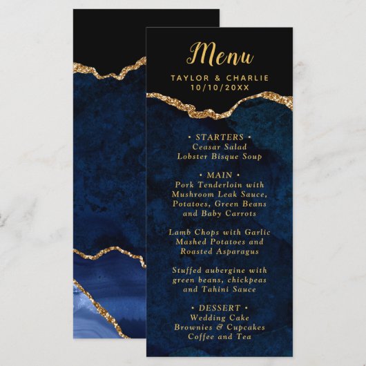 Navy Blue and Gold Agate Marble Wedding Menu (Voorkant / Achterkant)