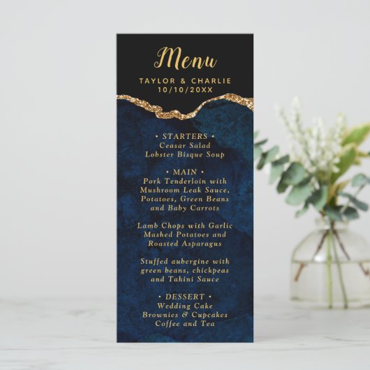 Navy Blue and Gold Agate Marble Wedding Menu (Staand voorkant)