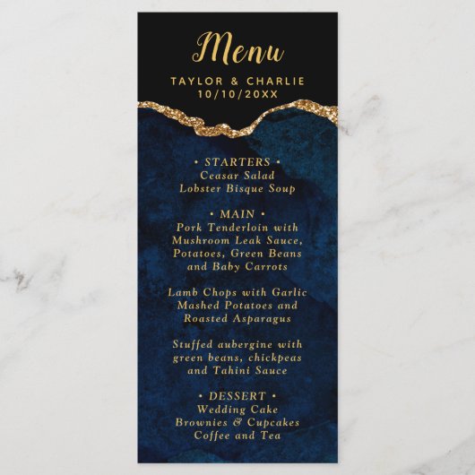 Navy Blue and Gold Agate Marble Wedding Menu (Voorkant)