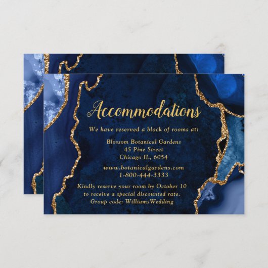 Navy Blue and Gold Agate Wedding Accommodations Informatiekaartje (Voorkant / Achterkant)