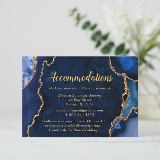 Navy Blue and Gold Agate Wedding Accommodations Informatiekaartje (Staand voorkant)