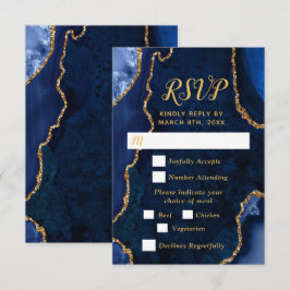 Navy Blue and Gold Agate Wedding Meal Choice RSVP Kaartje