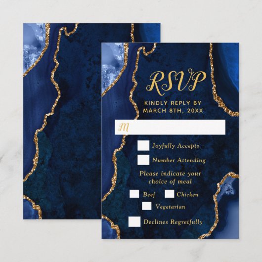 Navy Blue and Gold Agate Wedding Meal Choice RSVP Kaartje (Voorkant / Achterkant)