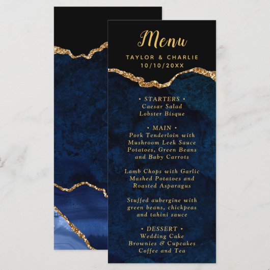 Navy Blue and Gold Agate Wedding Menu (Voorkant / Achterkant)