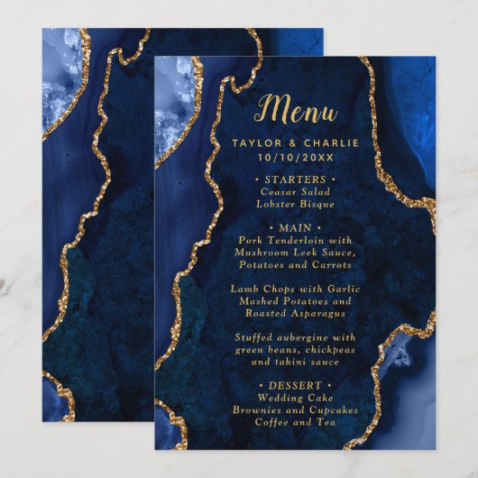 Navy Blue and Gold Agate Wedding Menu (Voorkant / Achterkant)