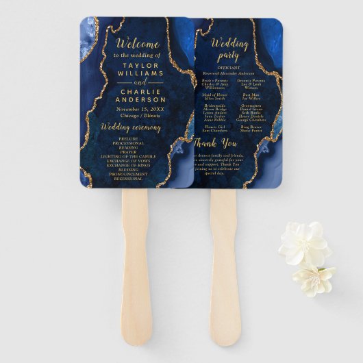Navy Blue and Gold Agate Wedding Program Handwaaier (Voorkant en achterkant)