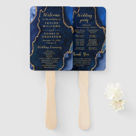 Navy Blue and Gold Agate Wedding Program Handwaaier (Voorkant en achterkant)