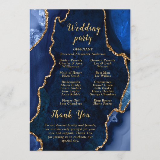 Navy Blue and Gold Agate Wedding Program Programmakaart (Achterkant)