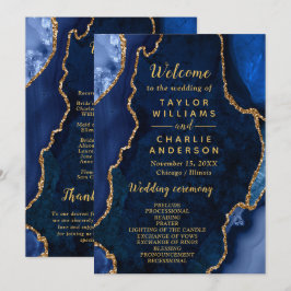 Navy Blue and Gold Agate Wedding Program Programmakaart