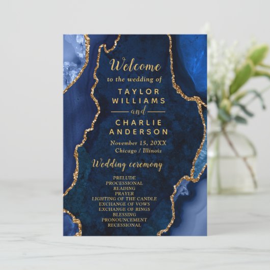 Navy Blue and Gold Agate Wedding Program Programmakaart (Staand voorkant)