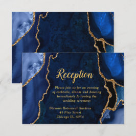 Navy Blue and Gold Agate Wedding Reception Informatiekaartje