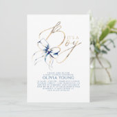 Navy Blue and Gold Bow Boy Baby Shower Kaart (Staand voorkant)