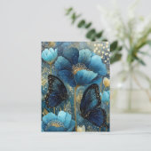 Navy Blue and Gold Butterfly with Teal Flower Briefkaart (Staand voorkant)